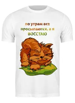 Заказать мужскую футболку в Москве. Футболка классическая по утрам все просыпаются а я восстаю от Игма - готовые дизайны и нанесение принтов.