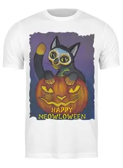 Заказать мужскую футболку в Москве. Футболка классическая Happy Meowloween! от Tori Cerberus - готовые дизайны и нанесение принтов.