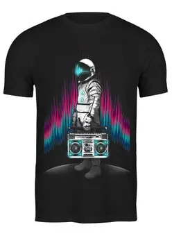 Заказать мужскую футболку в Москве. Футболка классическая Космонавт с магнитофоном от printik - готовые дизайны и нанесение принтов.