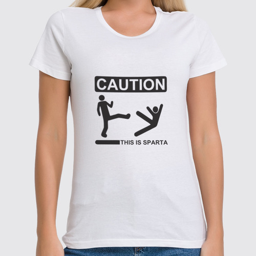 Заказать женскую футболку в Москве. Футболка классическая This is sparta Caution. от ANDREI M - готовые дизайны и нанесение принтов.