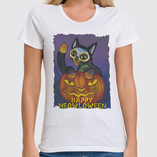 Заказать женскую футболку в Москве. Футболка классическая Happy Meowloween! от Tori Cerberus - готовые дизайны и нанесение принтов.