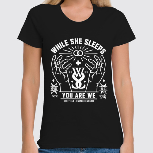 Заказать женскую футболку в Москве. Футболка классическая While She Sleeps от geekbox - готовые дизайны и нанесение принтов.