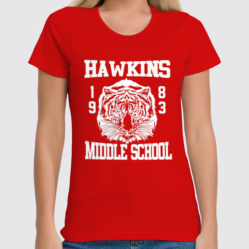 Заказать женскую футболку в Москве. Футболка классическая Hawkins middle school от zamza - готовые дизайны и нанесение принтов.