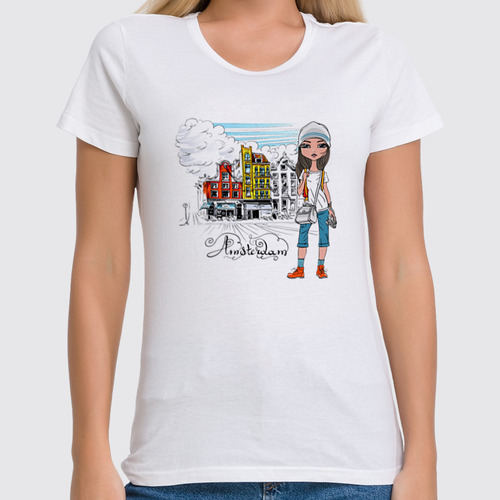 Заказать женскую футболку в Москве. Футболка классическая Туристка от T-shirt print  - готовые дизайны и нанесение принтов.