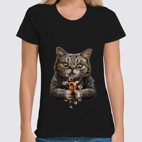 Заказать женскую футболку в Москве. Футболка классическая Whiskey Cat от skynatural - готовые дизайны и нанесение принтов.