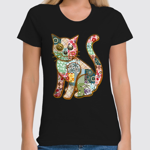 Заказать женскую футболку в Москве. Футболка классическая Лоскутный кот от Xieros - готовые дизайны и нанесение принтов.