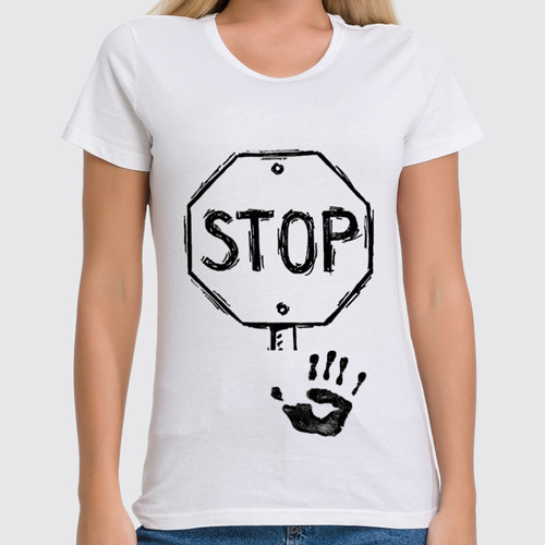Заказать женскую футболку в Москве. Футболка классическая STOP! от Виктория Бобудаева - готовые дизайны и нанесение принтов.