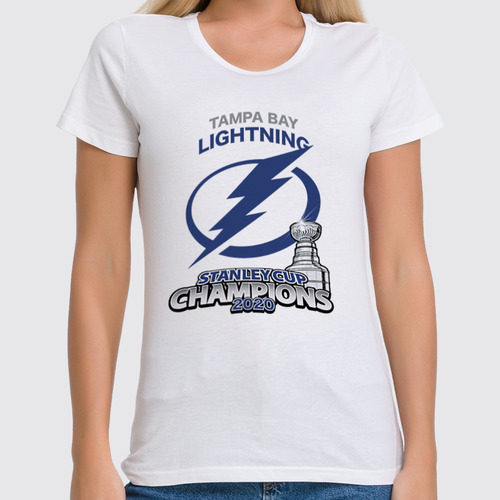 Заказать женскую футболку в Москве. Футболка классическая Tampa Bay Lightning Stanley Cup Champions 2020 от KutvinoV.com  - готовые дизайны и нанесение принтов.