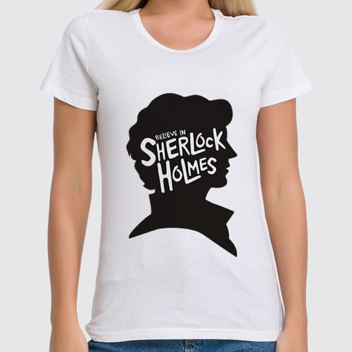 Заказать женскую футболку в Москве. Футболка классическая Believe in Sherlock от skynatural - готовые дизайны и нанесение принтов.