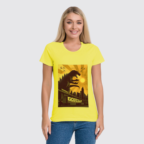 Заказать женскую футболку в Москве. Футболка классическая Godzilla yellow от KinoArt - готовые дизайны и нанесение принтов.