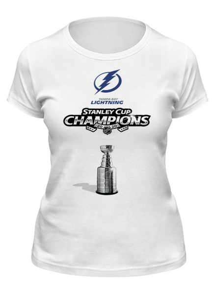 Заказать женскую футболку в Москве. Футболка классическая Tampa Bay Lightning Stanley Cup Champions 2020 от KutvinoV.com  - готовые дизайны и нанесение принтов.