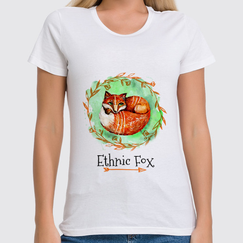 Заказать женскую футболку в Москве. Футболка классическая Ethnic Fox - белый фон от Елена Эйдукайтис - готовые дизайны и нанесение принтов.