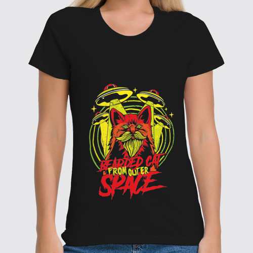 Заказать женскую футболку в Москве. Футболка классическая Bearded cat from outer space от Павел Павел - готовые дизайны и нанесение принтов.