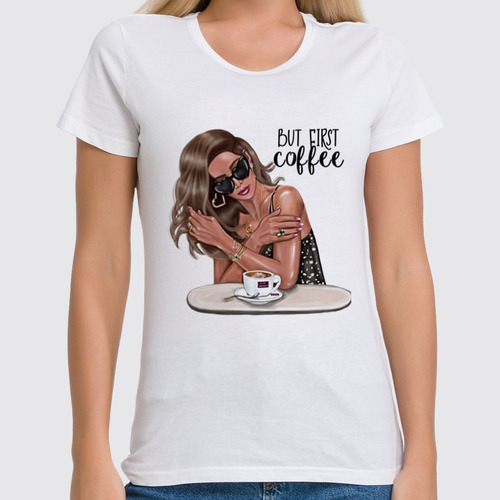 Заказать женскую футболку в Москве. Футболка классическая But First Coffee ☕️  от @kristy_art_k  - готовые дизайны и нанесение принтов.