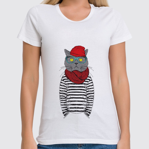 Заказать женскую футболку в Москве. Футболка классическая Cat Hipster от sashadasha - готовые дизайны и нанесение принтов.