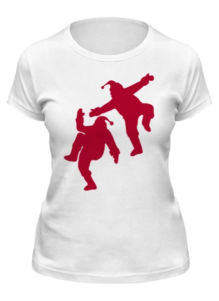 Заказать женскую футболку в Москве. Футболка классическая Танцующие Санты от skynatural - готовые дизайны и нанесение принтов.