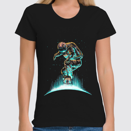 Заказать женскую футболку в Москве. Футболка классическая Космонавт на Скейте от coolmag - готовые дизайны и нанесение принтов.