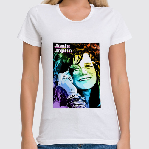 Заказать женскую футболку в Москве. Футболка классическая Janis Joplin от Fedor - готовые дизайны и нанесение принтов.