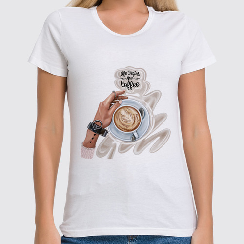 Заказать женскую футболку в Москве. Футболка классическая Coffee ☕️ от @kristy_art_k  - готовые дизайны и нанесение принтов.
