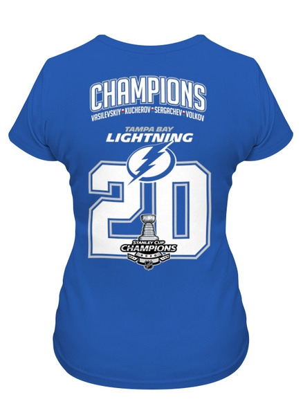 Заказать женскую футболку в Москве. Футболка классическая Tampa Bay Lightning Stanley Cup Champions 2020 от KutvinoV.com  - готовые дизайны и нанесение принтов.