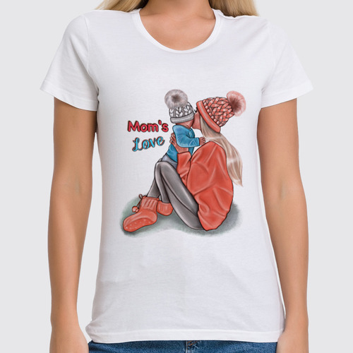 Заказать женскую футболку в Москве. Футболка классическая Mom’s Love💙 Мама блондинка с сыном от @kristy_art_k  - готовые дизайны и нанесение принтов.