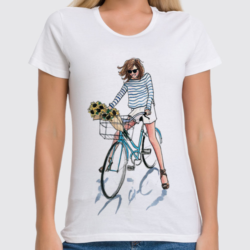 Заказать женскую футболку в Москве. Футболка классическая Девушка на велосипеде  от ПРИНТЫ ПЕЧАТЬ  - готовые дизайны и нанесение принтов.