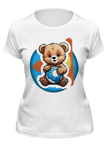 Заказать женскую футболку в Москве. Футболка классическая медвежонок и мяч от evragka  - готовые дизайны и нанесение принтов.