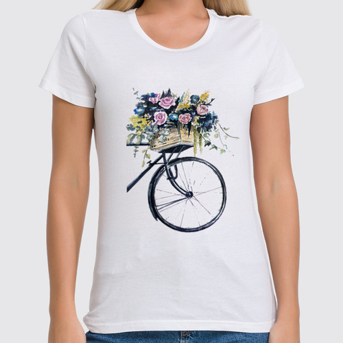 Заказать женскую футболку в Москве. Футболка классическая Велосипед с цветами от mari6akovalenko@gmail.com - готовые дизайны и нанесение принтов.