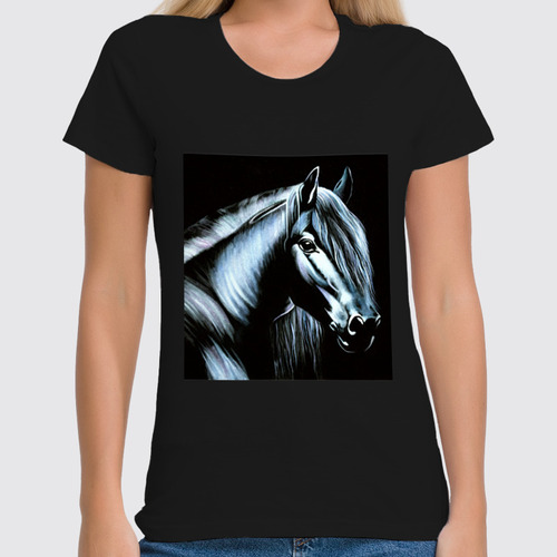 Заказать женскую футболку в Москве. Футболка классическая лошадь на черном бархате от Kris Leov - готовые дизайны и нанесение принтов.