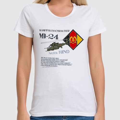 Заказать женскую футболку в Москве. Футболка классическая Вертолет Ми-24 (ВВС ГДР) от Рустам Юсупов - готовые дизайны и нанесение принтов.