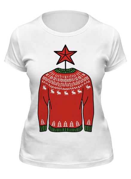Заказать женскую футболку в Москве. Футболка классическая Новогодний свитер с оленями от chistopopitersky - готовые дизайны и нанесение принтов.