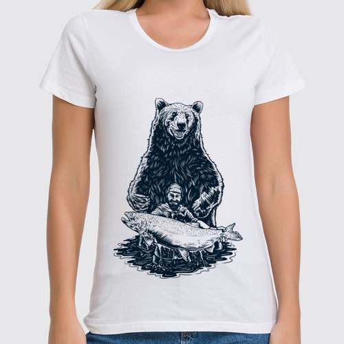 Заказать женскую футболку в Москве. Футболка классическая Медвежья рыбалка от printik - готовые дизайны и нанесение принтов.