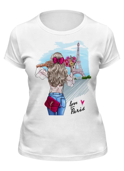 Заказать женскую футболку в Москве. Футболка классическая Я люблю Париж от Print design  - готовые дизайны и нанесение принтов.