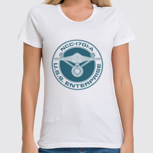 Заказать женскую футболку в Москве. Футболка классическая Звёздный путь. USS Enterprise от geekbox - готовые дизайны и нанесение принтов.