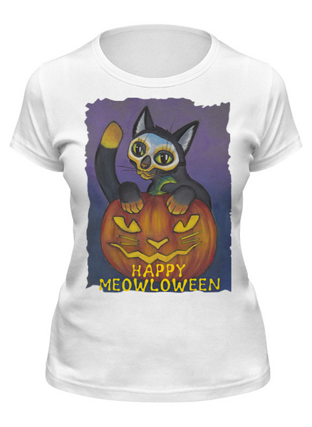 Заказать женскую футболку в Москве. Футболка классическая Happy Meowloween! от Tori Cerberus - готовые дизайны и нанесение принтов.
