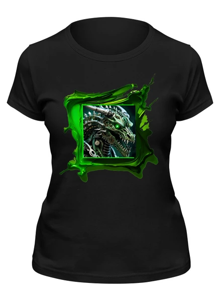 Заказать женскую футболку в Москве. Футболка классическая Зеленый дракон киборг от Dakini | Art  - готовые дизайны и нанесение принтов.