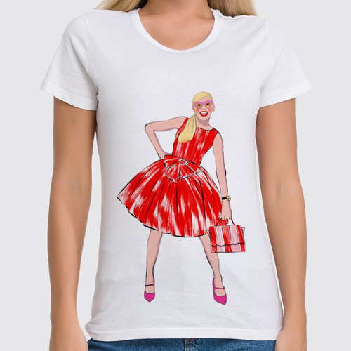Заказать женскую футболку в Москве. Футболка классическая Девушка в красном платье от Ssk16  - готовые дизайны и нанесение принтов.