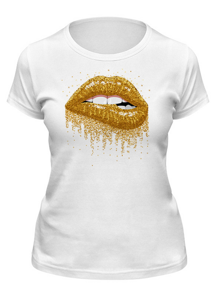 Заказать женскую футболку в Москве. Футболка классическая Женская футболка "Золотые блестящие губы"  от iulis29@mail.ru - готовые дизайны и нанесение принтов.
