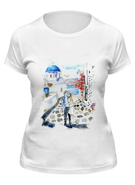 Заказать женскую футболку в Москве. Футболка классическая Santorini Greece от littlearzi - готовые дизайны и нанесение принтов.