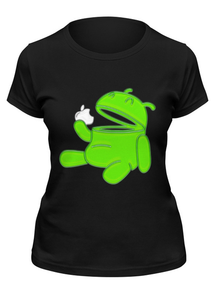 Заказать женскую футболку в Москве. Футболка классическая Android Eats Apple от balden - готовые дизайны и нанесение принтов.