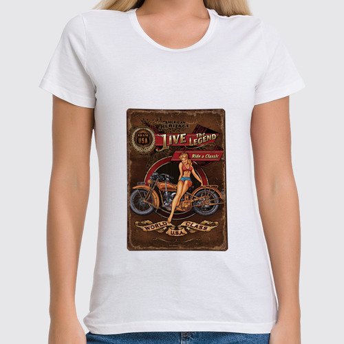 Заказать женскую футболку в Москве. Футболка классическая Мотоциклы, винтажный постер. от lisalisa11@list.ru - готовые дизайны и нанесение принтов.