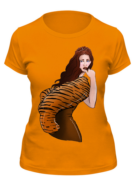 Заказать женскую футболку в Москве. Футболка классическая Девушка с тигровым манто  от fiery4aries@gmail.com - готовые дизайны и нанесение принтов.