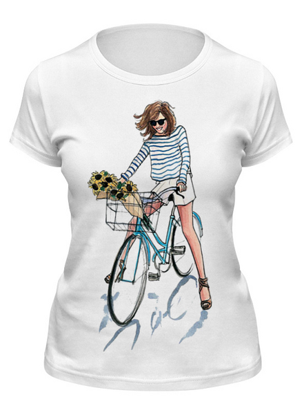 Заказать женскую футболку в Москве. Футболка классическая Девушка на велосипеде  от ПРИНТЫ ПЕЧАТЬ  - готовые дизайны и нанесение принтов.