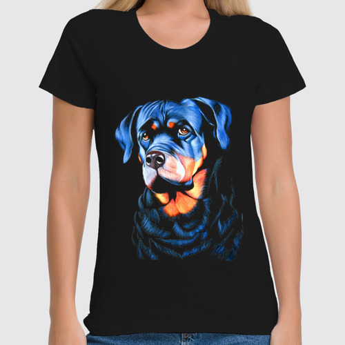 Заказать женскую футболку в Москве. Футболка классическая собака на черном бархате от Kris Leov - готовые дизайны и нанесение принтов.