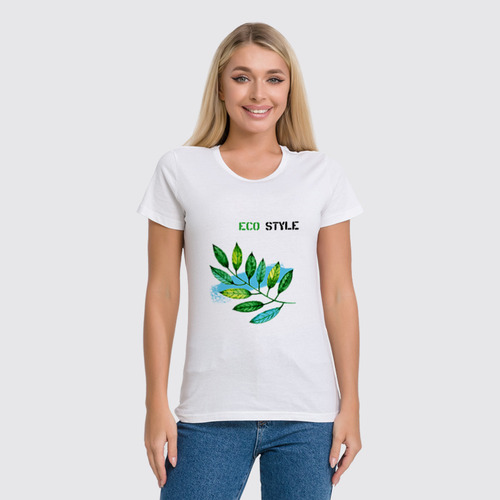 Заказать женскую футболку в Москве. Футболка классическая Eco style - акварельная веточка с листьями от Елена Эйдукайтис - готовые дизайны и нанесение принтов.
