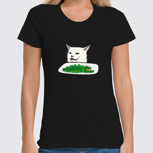 Заказать женскую футболку в Москве. Футболка классическая Озадаченный кот от DESIGNER   - готовые дизайны и нанесение принтов.