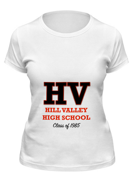 Заказать женскую футболку в Москве. Футболка классическая Hill Valley High School'85 от Nikita Nelyubin - готовые дизайны и нанесение принтов.