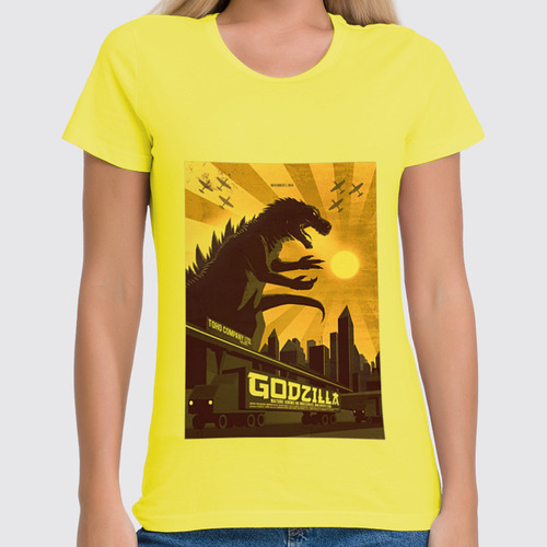 Заказать женскую футболку в Москве. Футболка классическая Godzilla yellow от KinoArt - готовые дизайны и нанесение принтов.