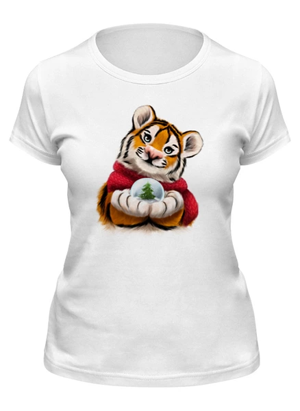 Заказать женскую футболку в Москве. Футболка классическая Тигр со снежным шаром от tigerda  - готовые дизайны и нанесение принтов.