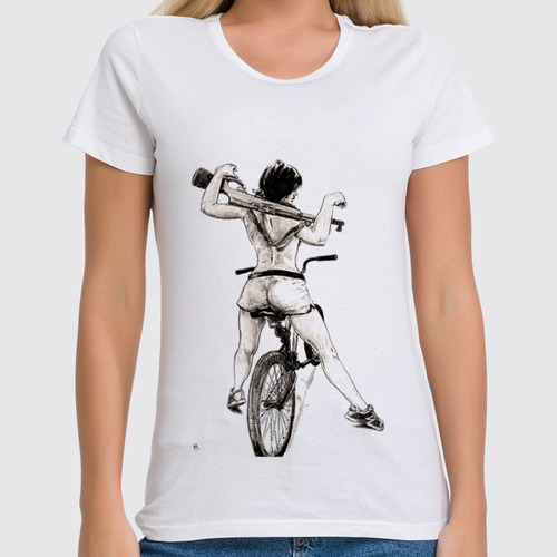 Заказать женскую футболку в Москве. Футболка классическая Девушка, карабин, велосипед от Иван - готовые дизайны и нанесение принтов.
